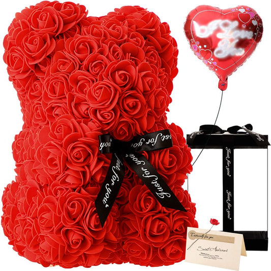 "Handmade Rose Flower Bear - The Perfect Gift for Her on Mother's Day, Valentine's Day, Anniversary, and Bridal Showers - Comes with Clear Gift Box and Greeting Card!"
